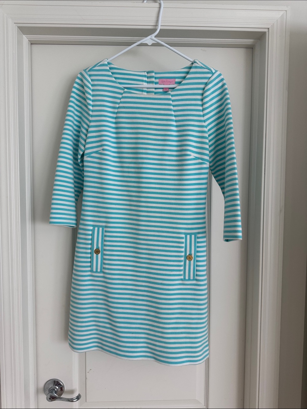Lilly Pulitzer Aqua and White Striped Shift Dress